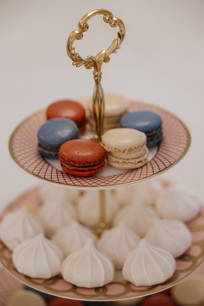Macarons and meringues on a tiered stand at Tea Time at Monarch