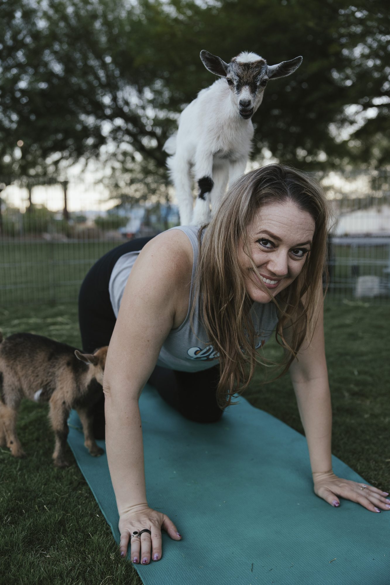 A smiling woman holds a plank while a small goat stands on her back